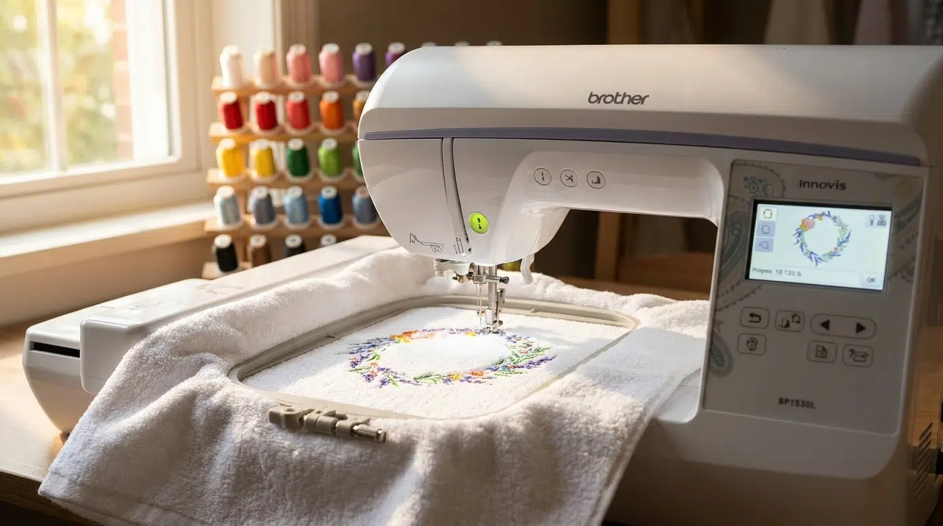 Máquina de bordar Brother BP1530L vista de frente com painel touch colorido ligado
