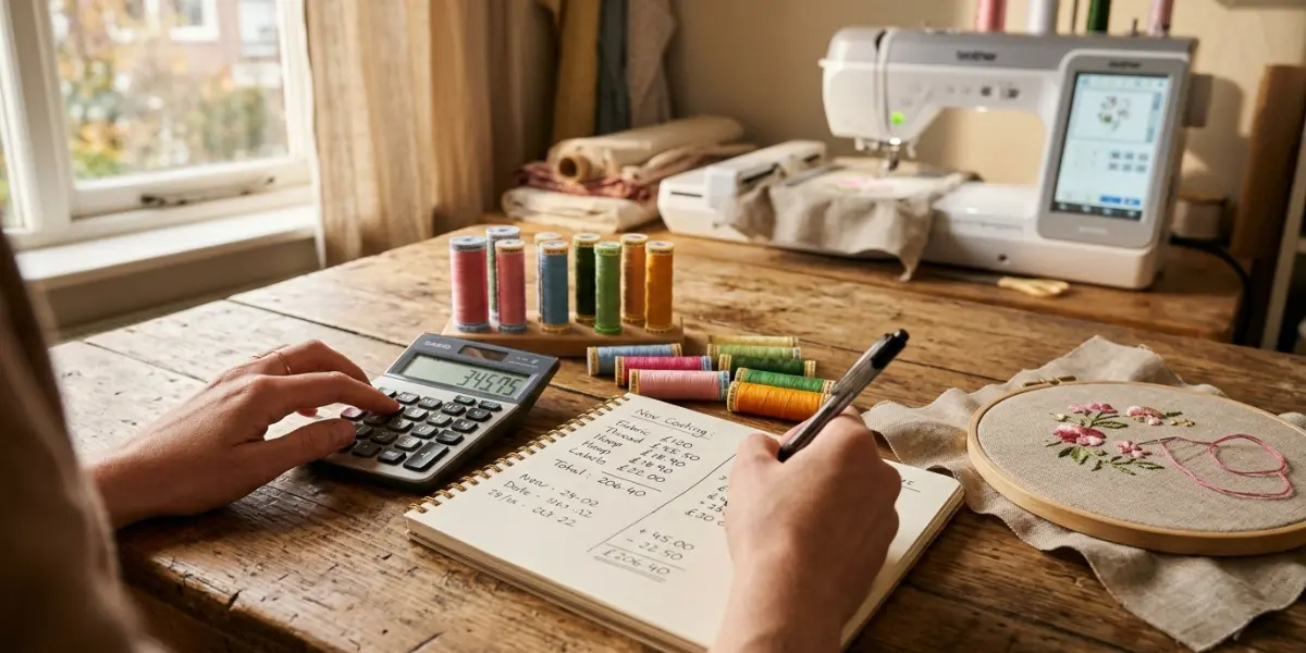 Mãos femininas usando uma calculadora ao lado de um caderno de anotações, linhas coloridas e um bastidor de bordado em uma mesa de ateliê.