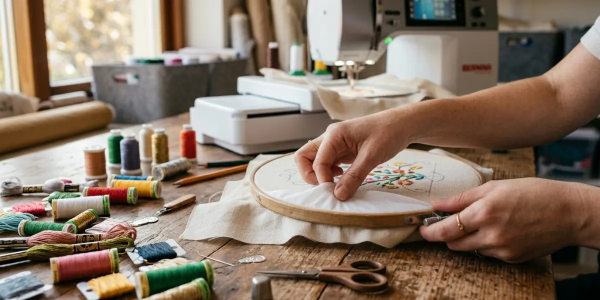 Mãos femininas ajustando entretela para bordado branca e tecido em um bastidor de madeira sobre uma mesa de ateliê com linhas coloridas.