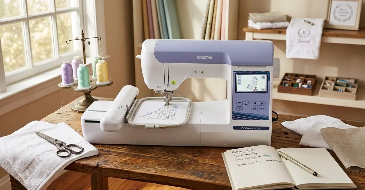 Máquina de bordar Brother BE915L branca sobre a mesa de madeira do ateliê, ao lado de cones de linha, tecidos de felpa e um caderno de anotações com o roteiro de testes.