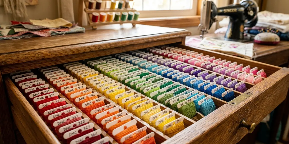 Gaveta de madeira organizada com linhas de bordado coloridas enroladas em plaquinhas, formando um degradê. Exemplo prático de como armazenar linhas de bordado corretamente no ateliê.
