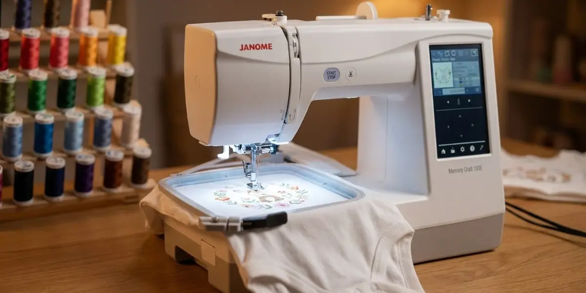 Máquina de bordar Janome MC100E branca bordando um body de bebê infantil no bastidor de 14x14 cm em um ateliê de costura.