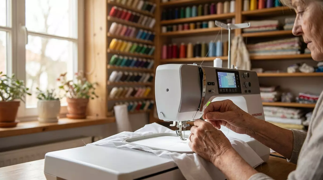 Mãos de uma artesã ajustando a agulha de uma máquina de bordar computadorizada para resolver o problema de ponto pulando no tecido esticado no bastidor.