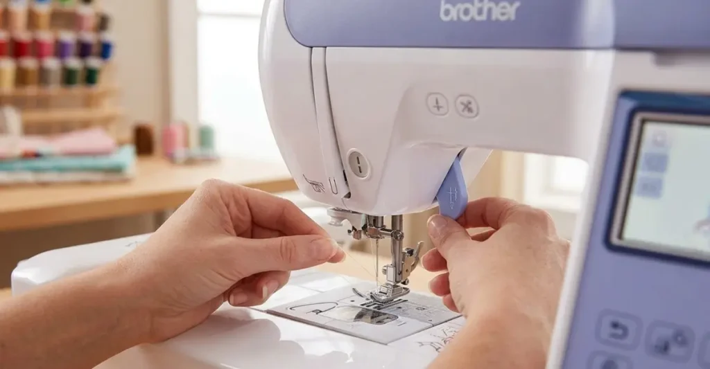 Mãos de uma artesã usando o passador de linha automático da máquina de bordar Brother BE915L.