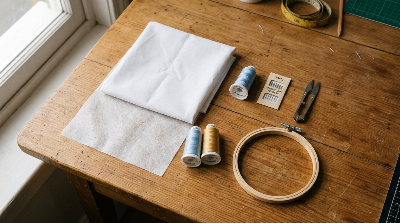 Bancada de madeira com kit para bordado iniciante contendo tecido tricoline branco, entretela rasgável, cones de linha de poliéster azul e dourado, agulhas 75/11, tesoura de arremate e bastidor 10x10 cm.